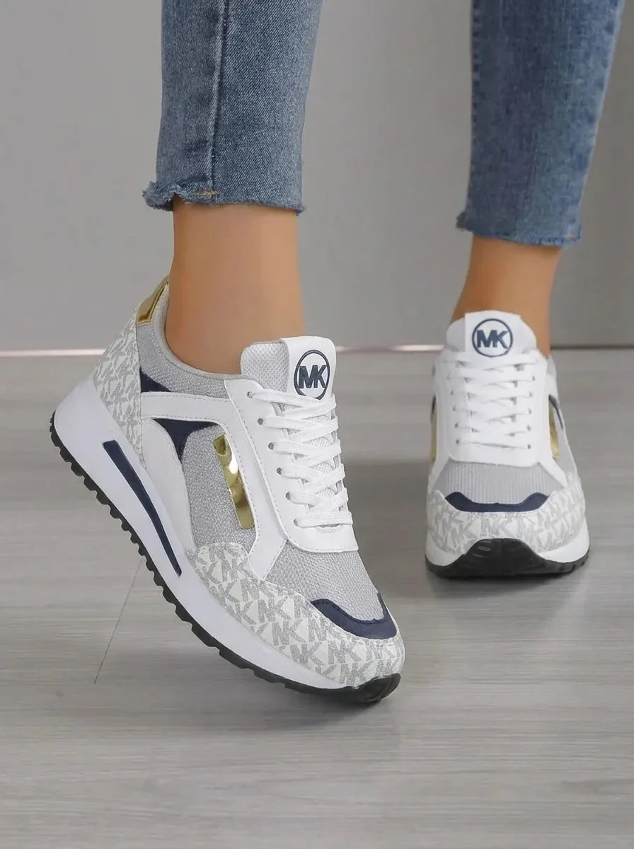 Women's Monogram Lace-Up Sneakers Wedge Panel Cushioned Walking Comfort