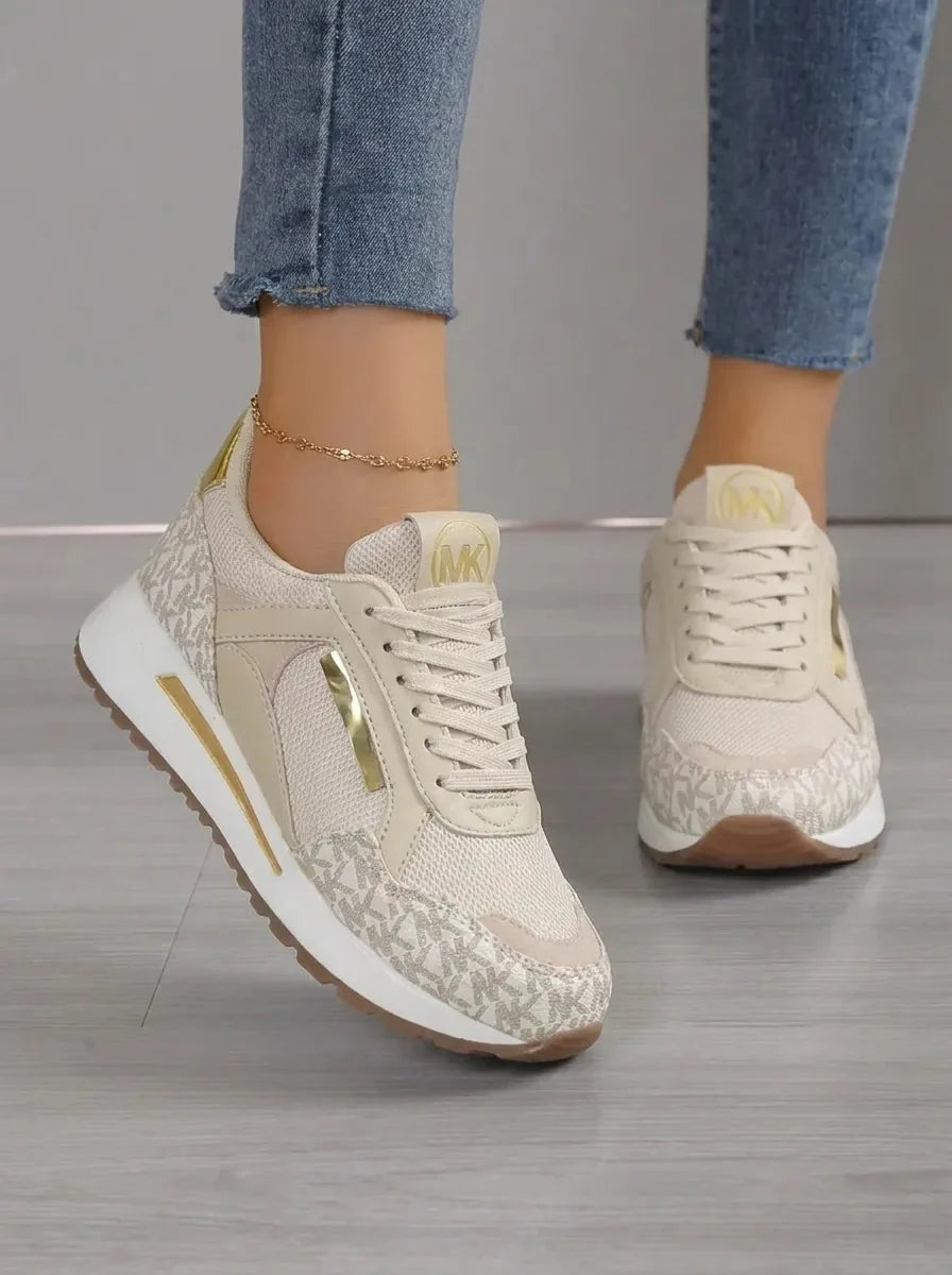 Women's Monogram Lace-Up Sneakers Wedge Panel Cushioned Walking Comfort