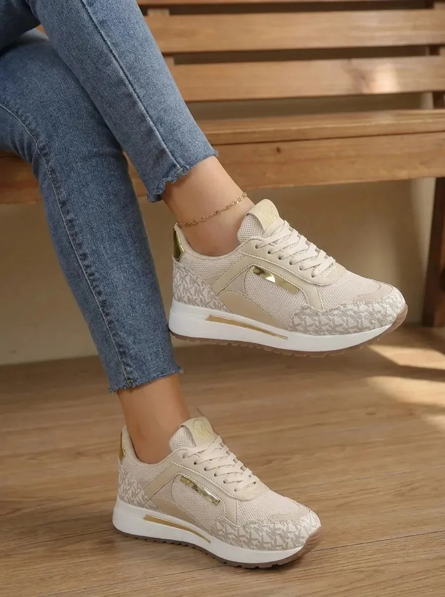 Women's Monogram Lace-Up Sneakers Wedge Panel Cushioned Walking Comfort