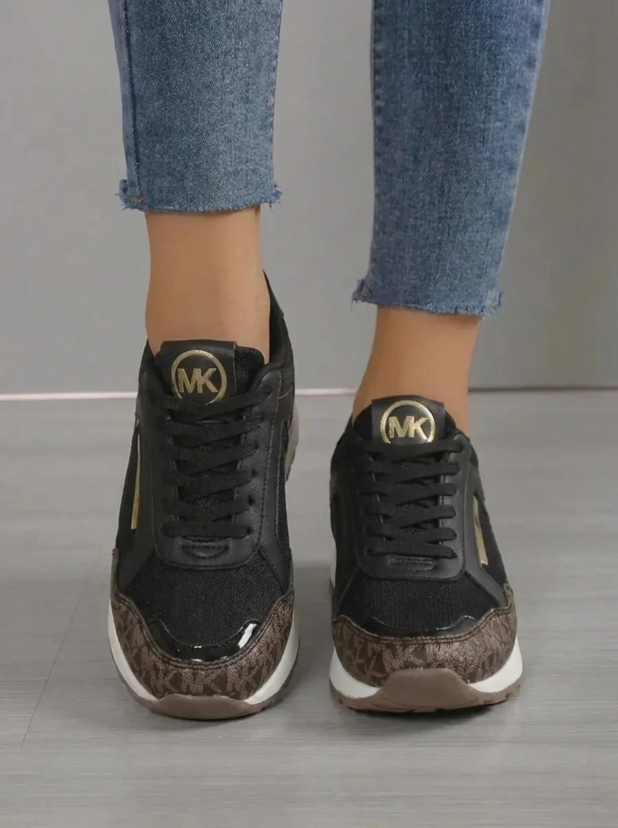 Women's Monogram Lace-Up Sneakers Wedge Panel Cushioned Walking Comfort