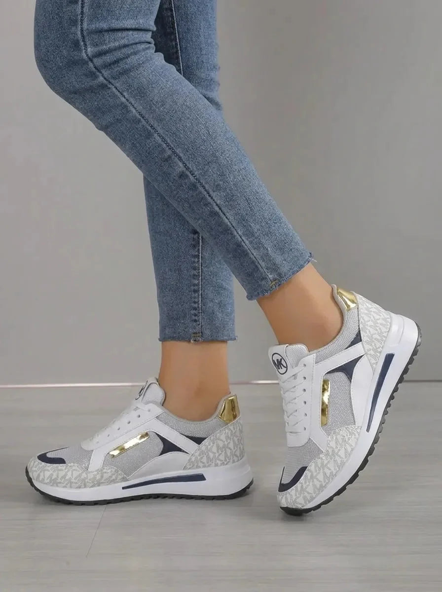Women's Monogram Lace-Up Sneakers Wedge Panel Cushioned Walking Comfort