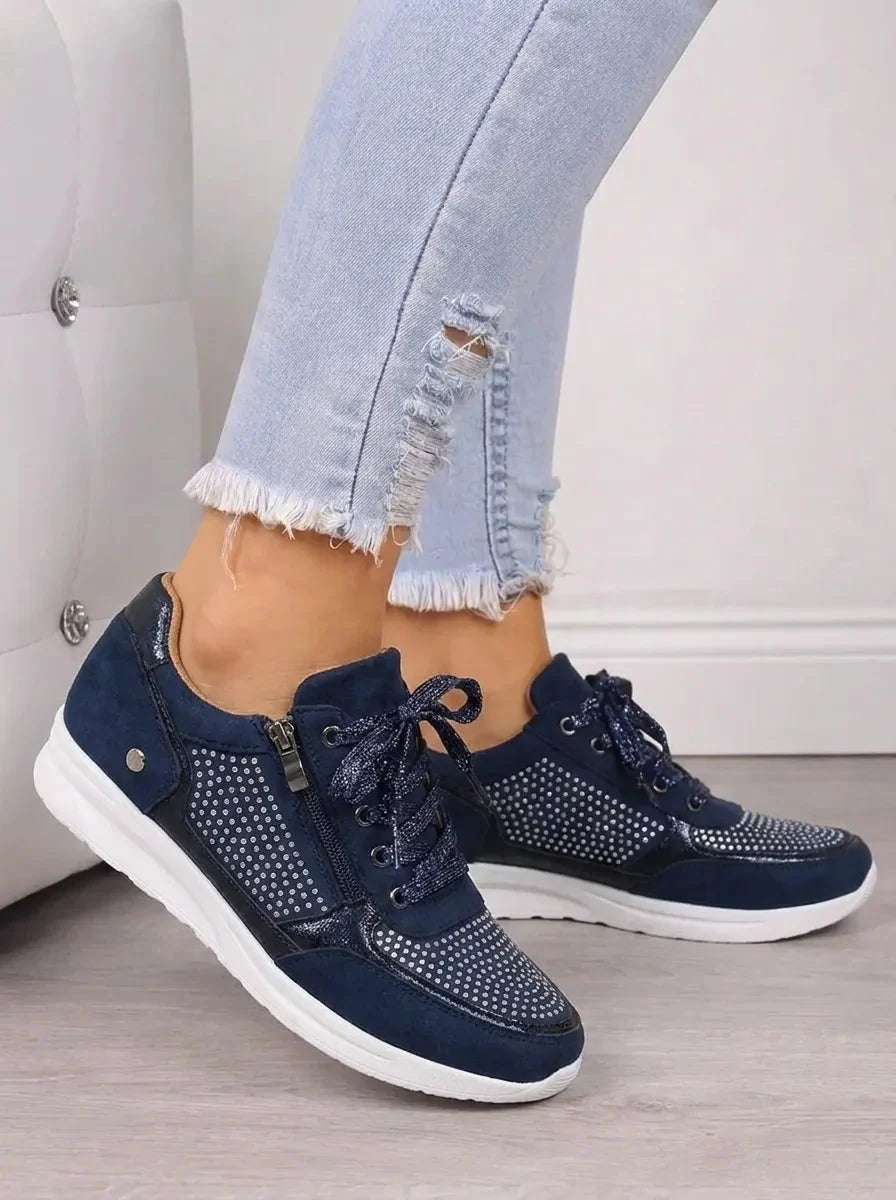 Women's Suede Sneakers Rhinestone Lace-Up Side-Zip Wedge Walking Comfort