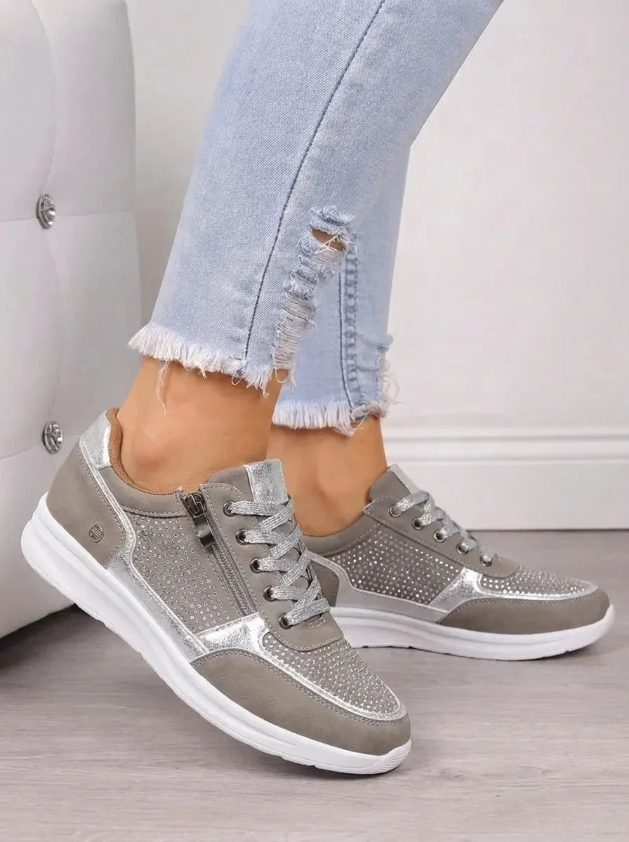 Women's Suede Sneakers Rhinestone Lace-Up Side-Zip Wedge Walking Comfort
