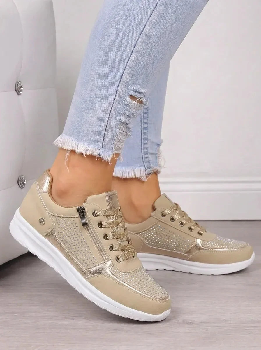 Women's Suede Sneakers Rhinestone Lace-Up Side-Zip Wedge Walking Comfort