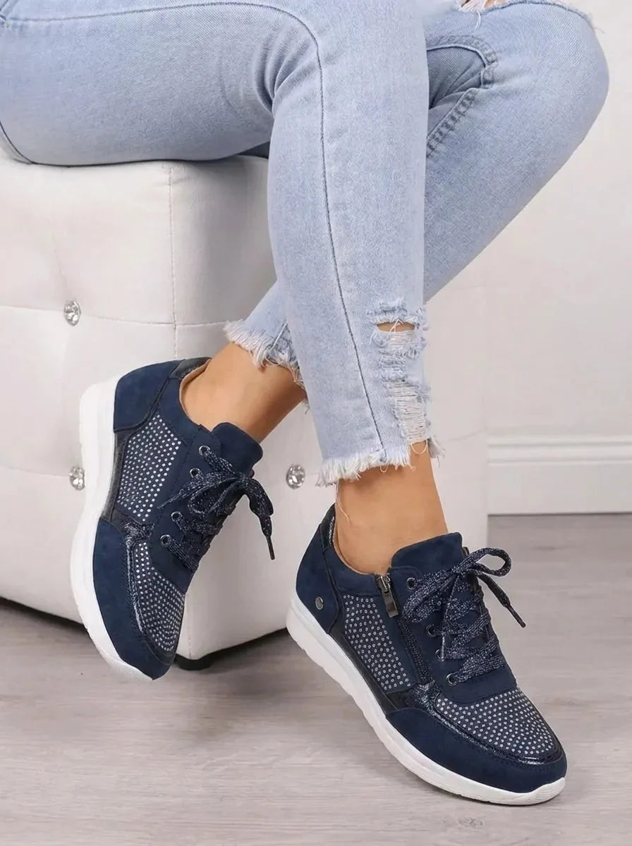 Women's Suede Sneakers Rhinestone Lace-Up Side-Zip Wedge Walking Comfort