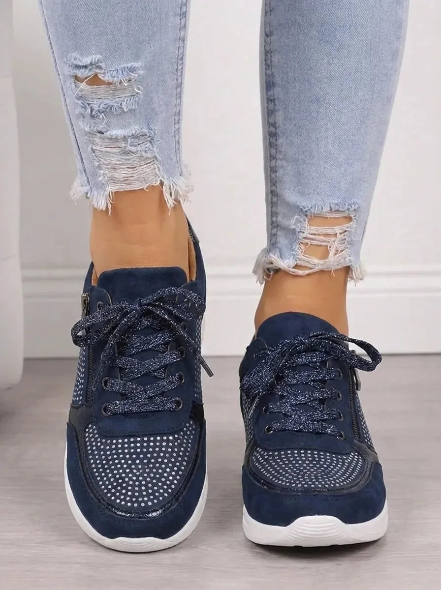 Women's Suede Sneakers Rhinestone Lace-Up Side-Zip Wedge Walking Comfort