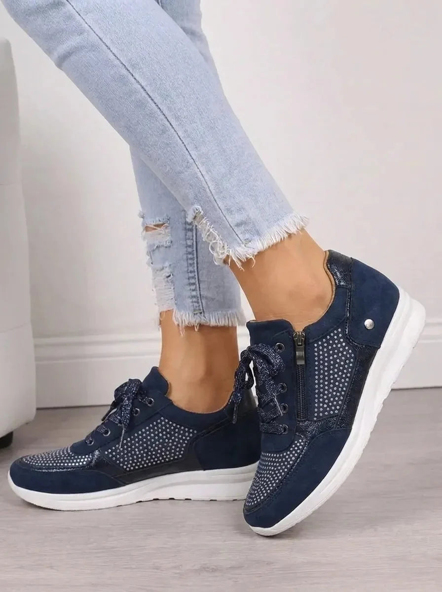 Women's Suede Sneakers Rhinestone Lace-Up Side-Zip Wedge Walking Comfort