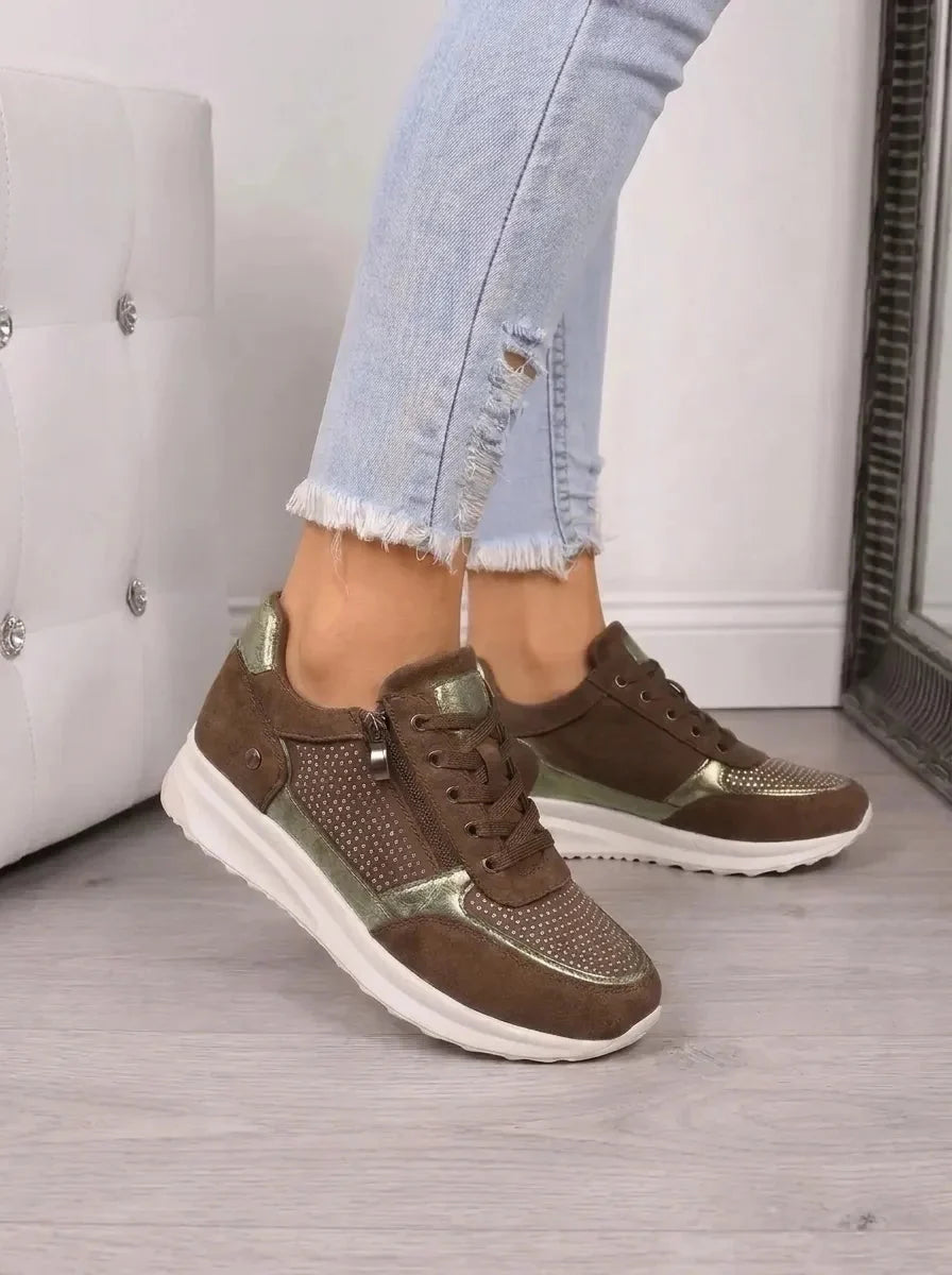 Women's Suede Sneakers Rhinestone Lace-Up Side-Zip Wedge Walking Comfort