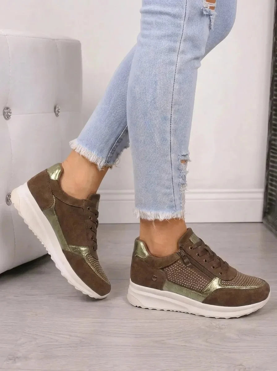 Women's Suede Sneakers Rhinestone Lace-Up Side-Zip Wedge Walking Comfort