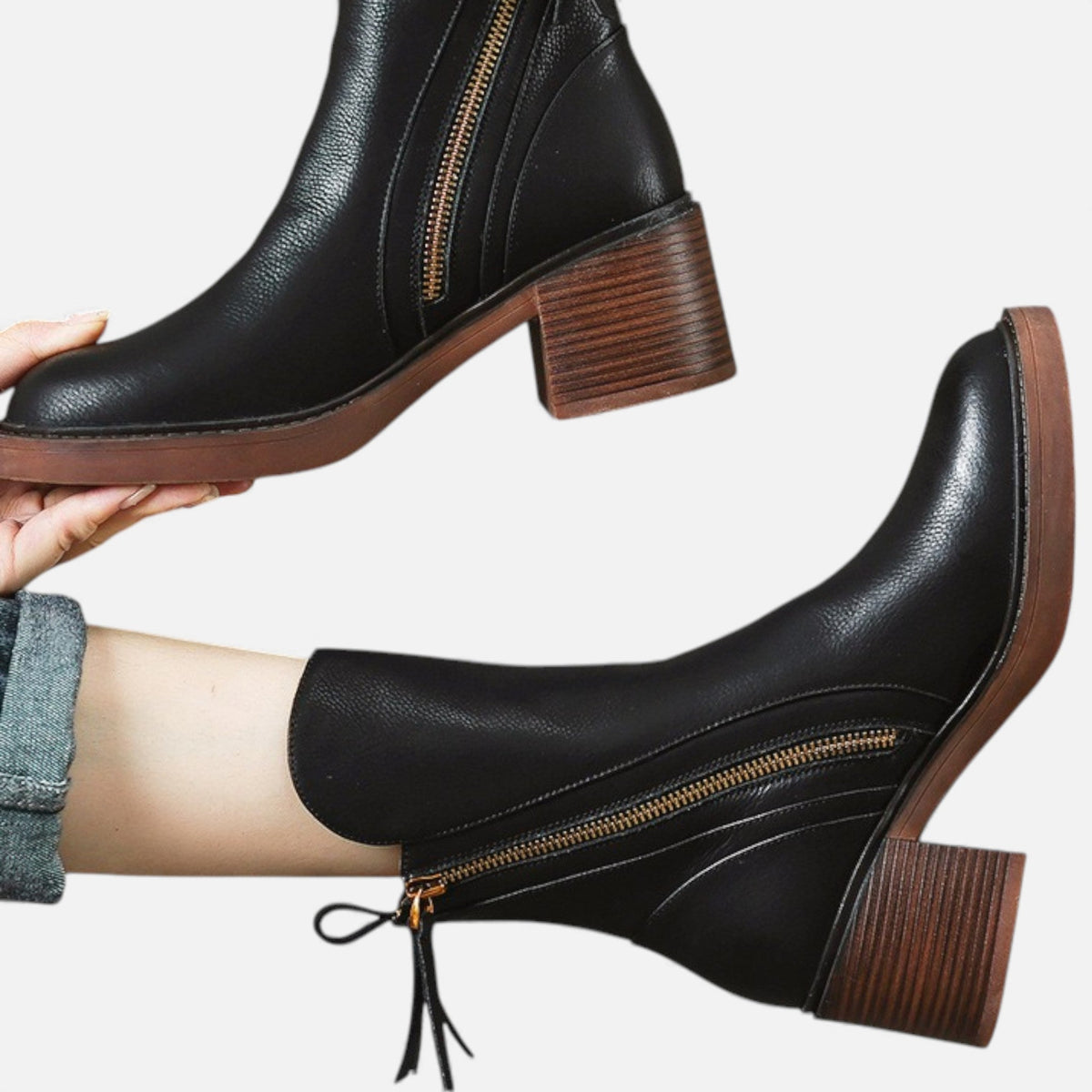 Women's Leather Ankle Boots Side-Zip Block-Heel Round-Toe Classic