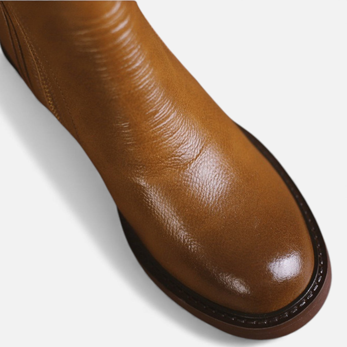 Women's Leather Ankle Boots Side-Zip Block-Heel Round-Toe Classic