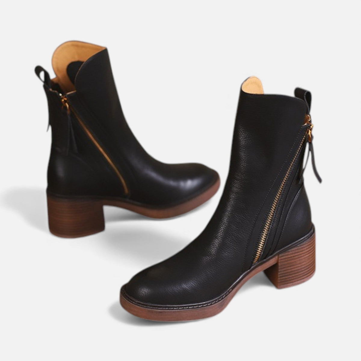 Women's Leather Ankle Boots Side-Zip Block-Heel Round-Toe Classic