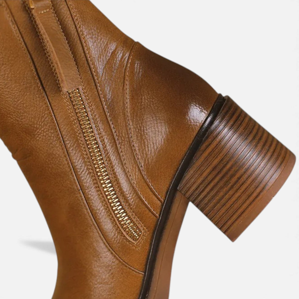 Women's Leather Ankle Boots Side-Zip Block-Heel Round-Toe Classic