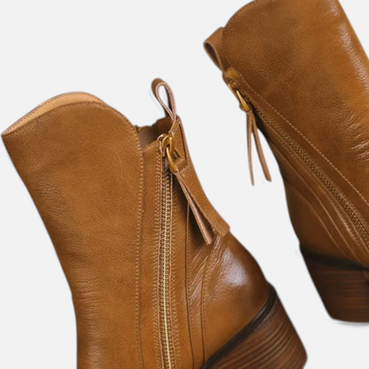 Women's Leather Ankle Boots Side-Zip Block-Heel Round-Toe Classic