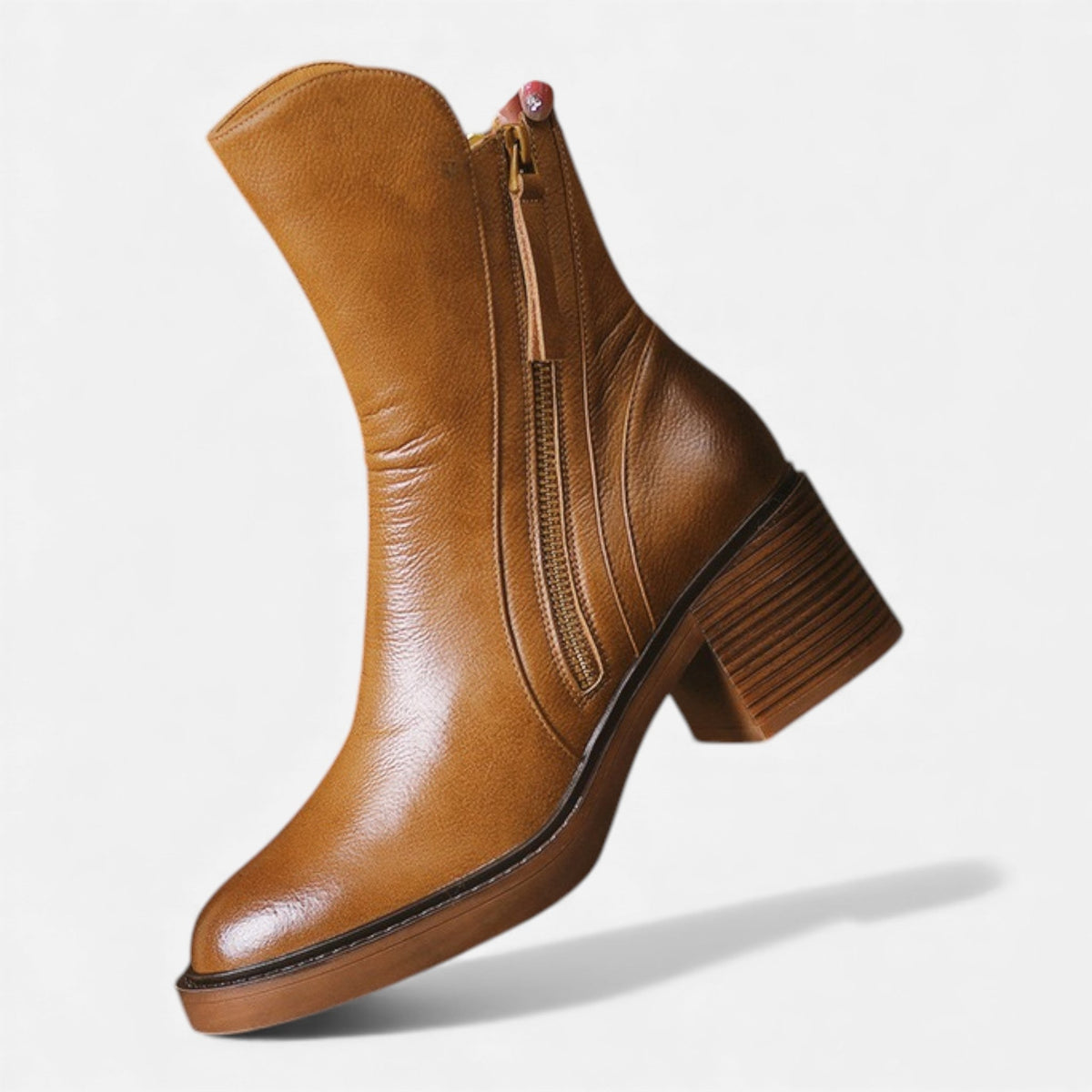 Women's Leather Ankle Boots Side-Zip Block-Heel Round-Toe Classic