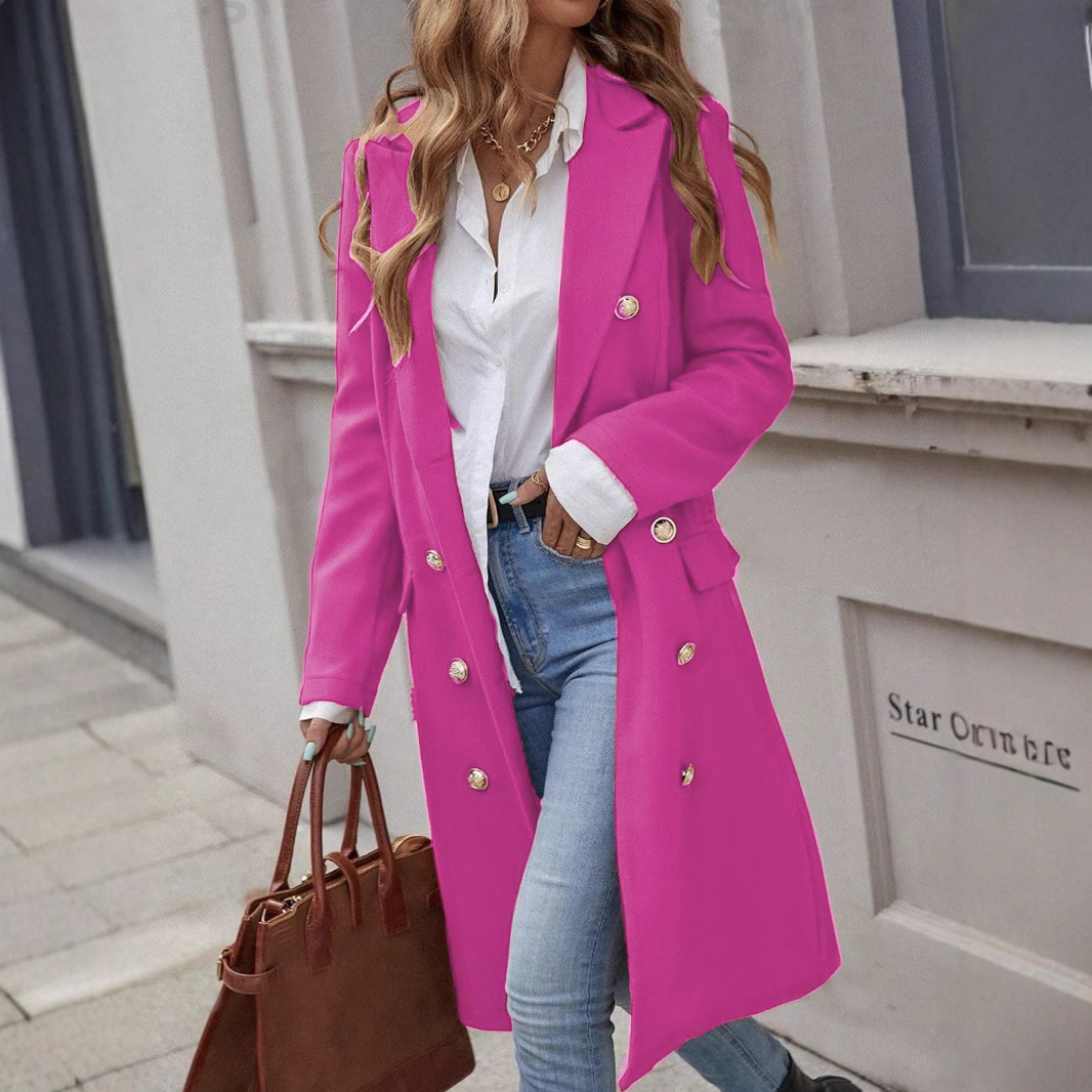 Women's Long Wool Overcoat Double-Breasted Notch Lapel Gold-Button Tailored