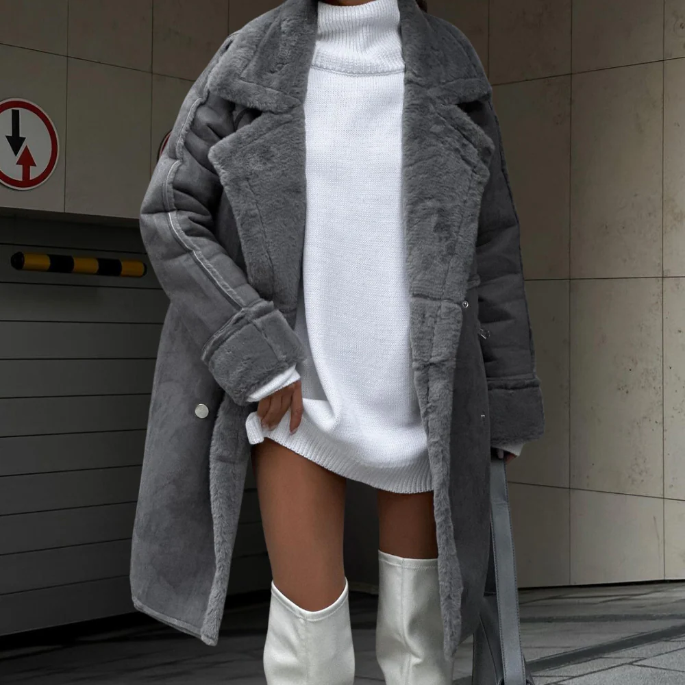 Women's Long Coat Oversized Fit Plush Wool Feel Wide Lapel Full Length