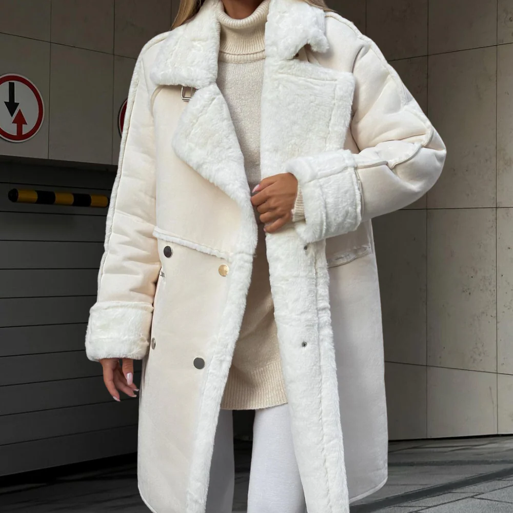 Women's Long Coat Oversized Fit Plush Wool Feel Wide Lapel Full Length