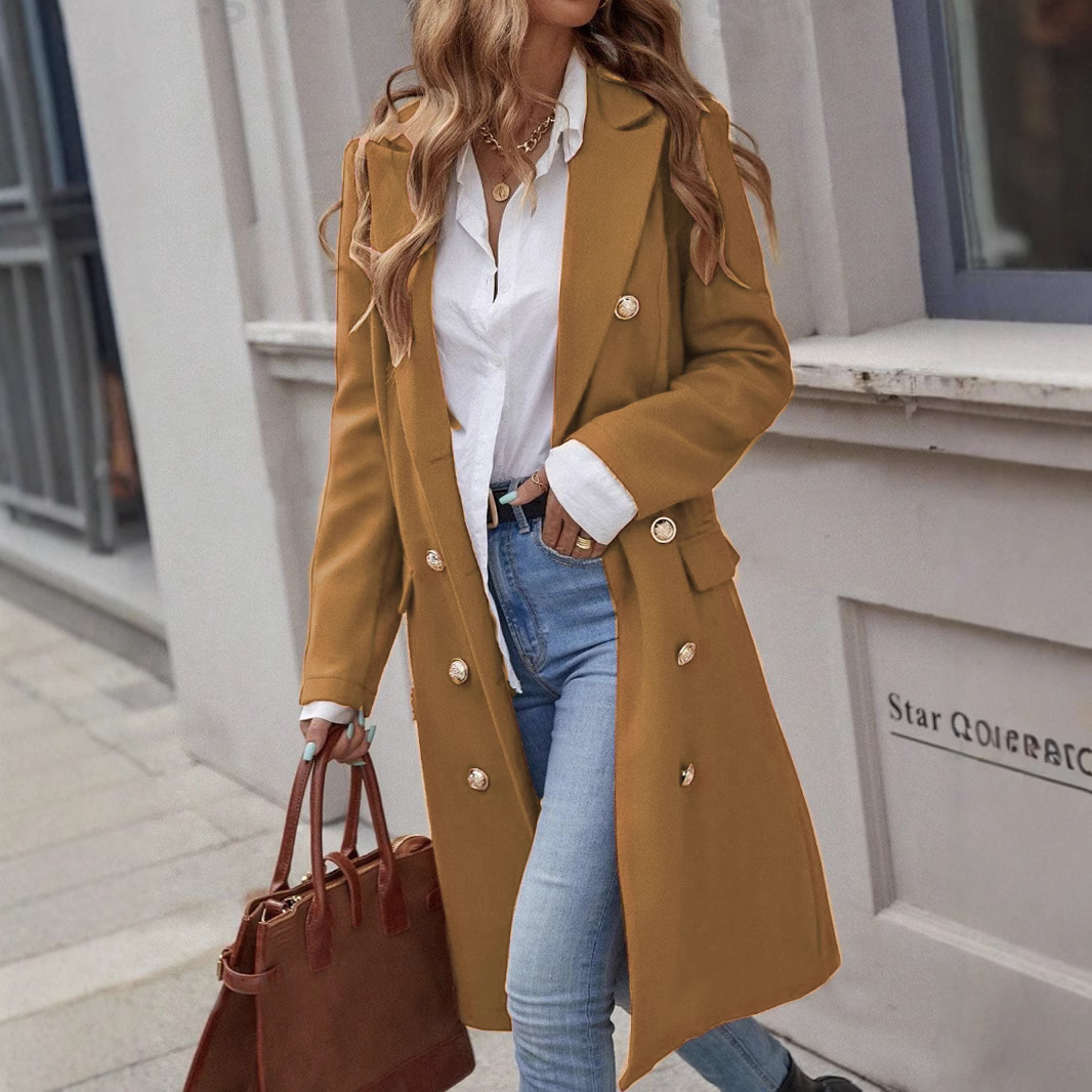 Women's Long Wool Overcoat Double-Breasted Notch Lapel Gold-Button Tailored