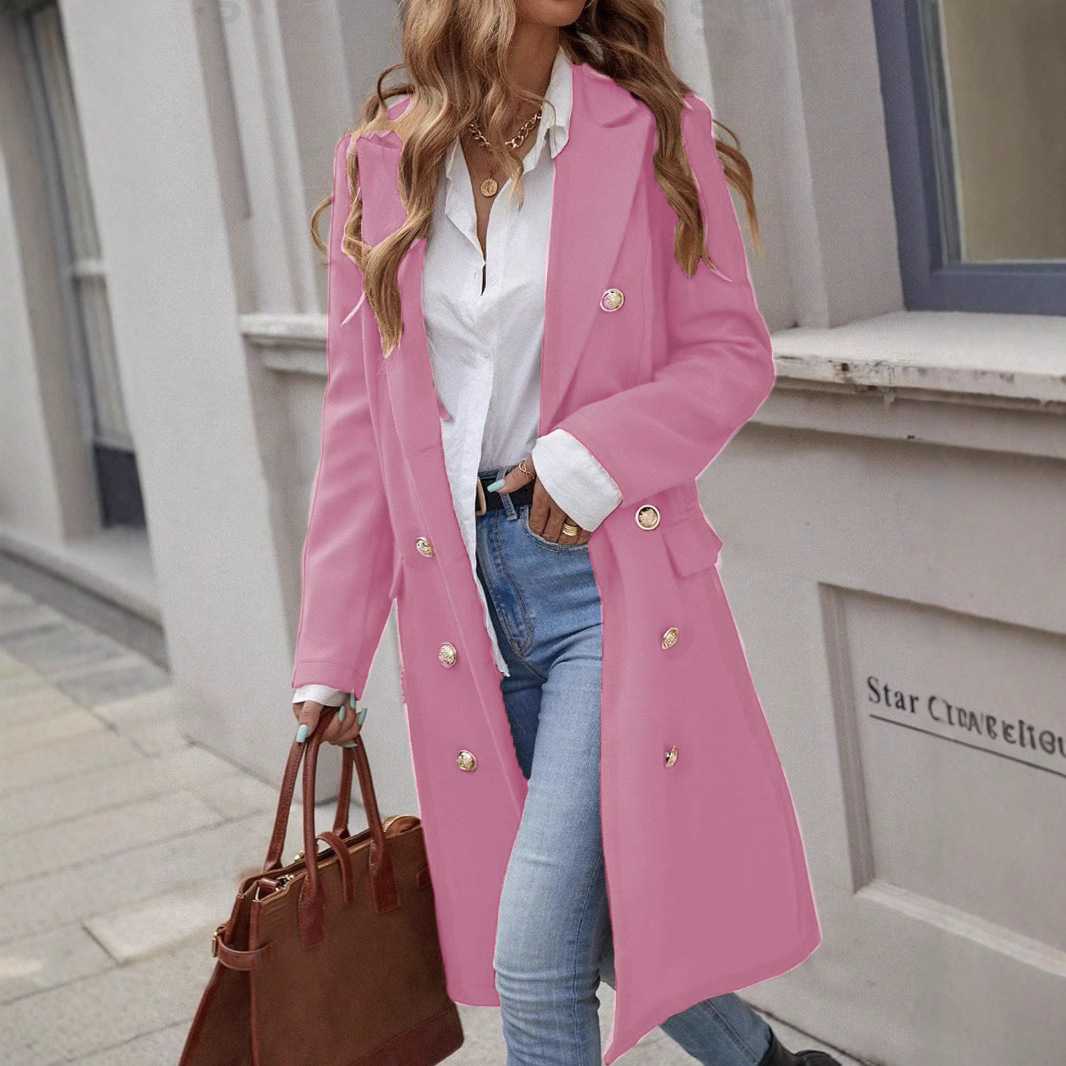 Women's Long Wool Overcoat Double-Breasted Notch Lapel Gold-Button Tailored