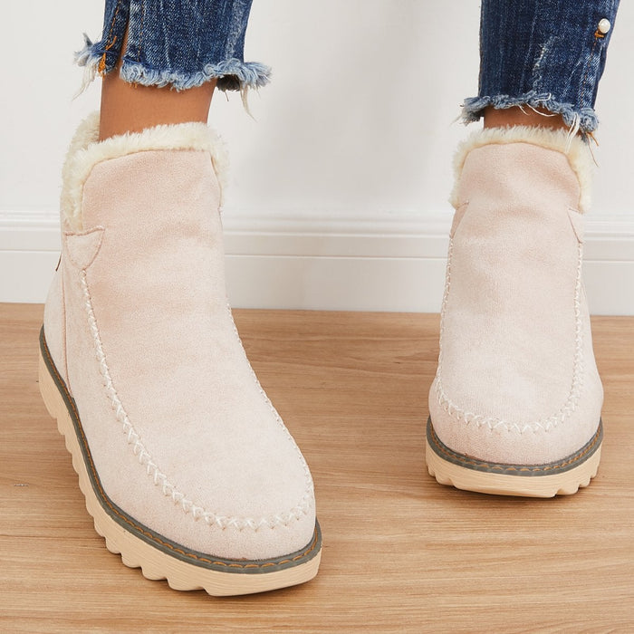 Women's Suede Faux-Fur Ankle Boots Platform Slip-On Winter Warm