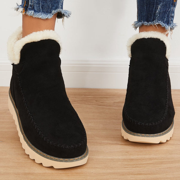 Women's Suede Faux-Fur Ankle Boots Platform Slip-On Winter Warm