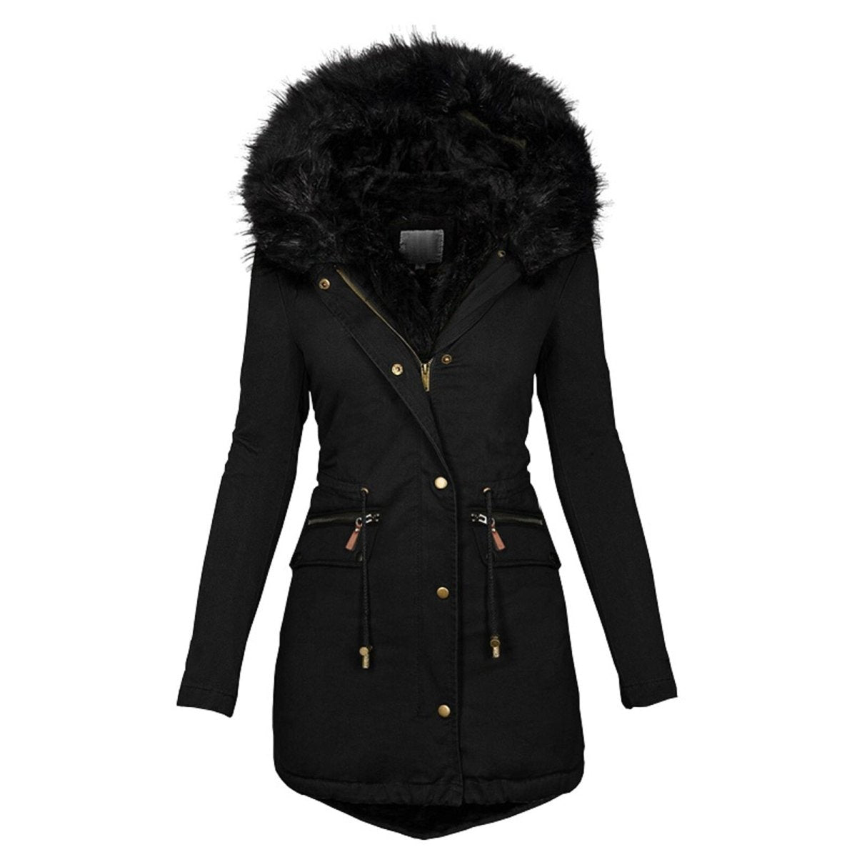Women's Faux-Fur Trim Hooded Parka Drawstring Waist Zip-Up Padded Fitted Warm