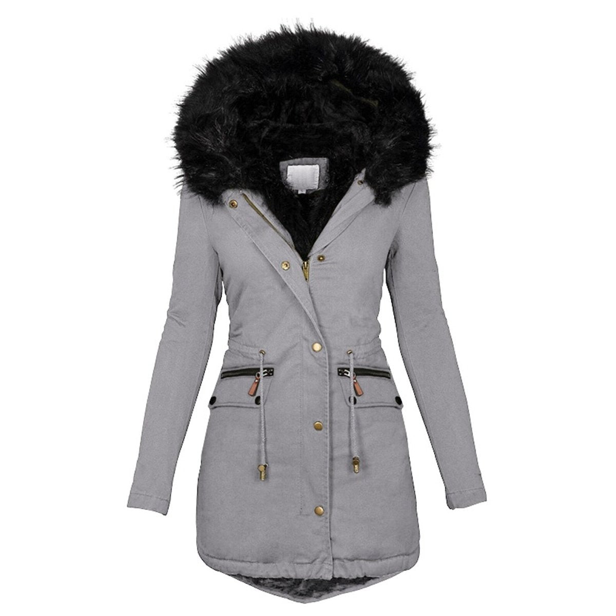 Women's Faux-Fur Trim Hooded Parka Drawstring Waist Zip-Up Padded Fitted Warm