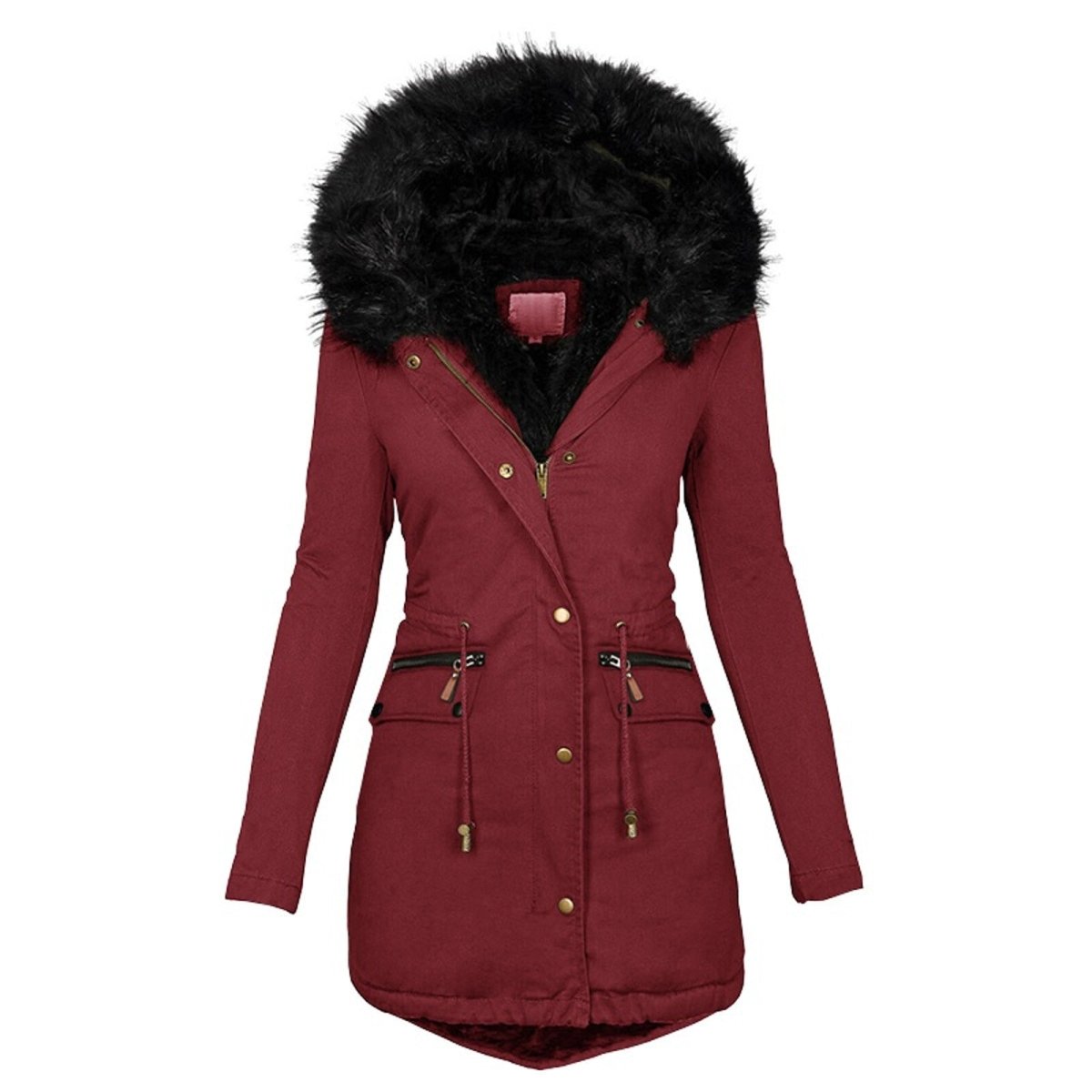 Women's Faux-Fur Trim Hooded Parka Drawstring Waist Zip-Up Padded Fitted Warm