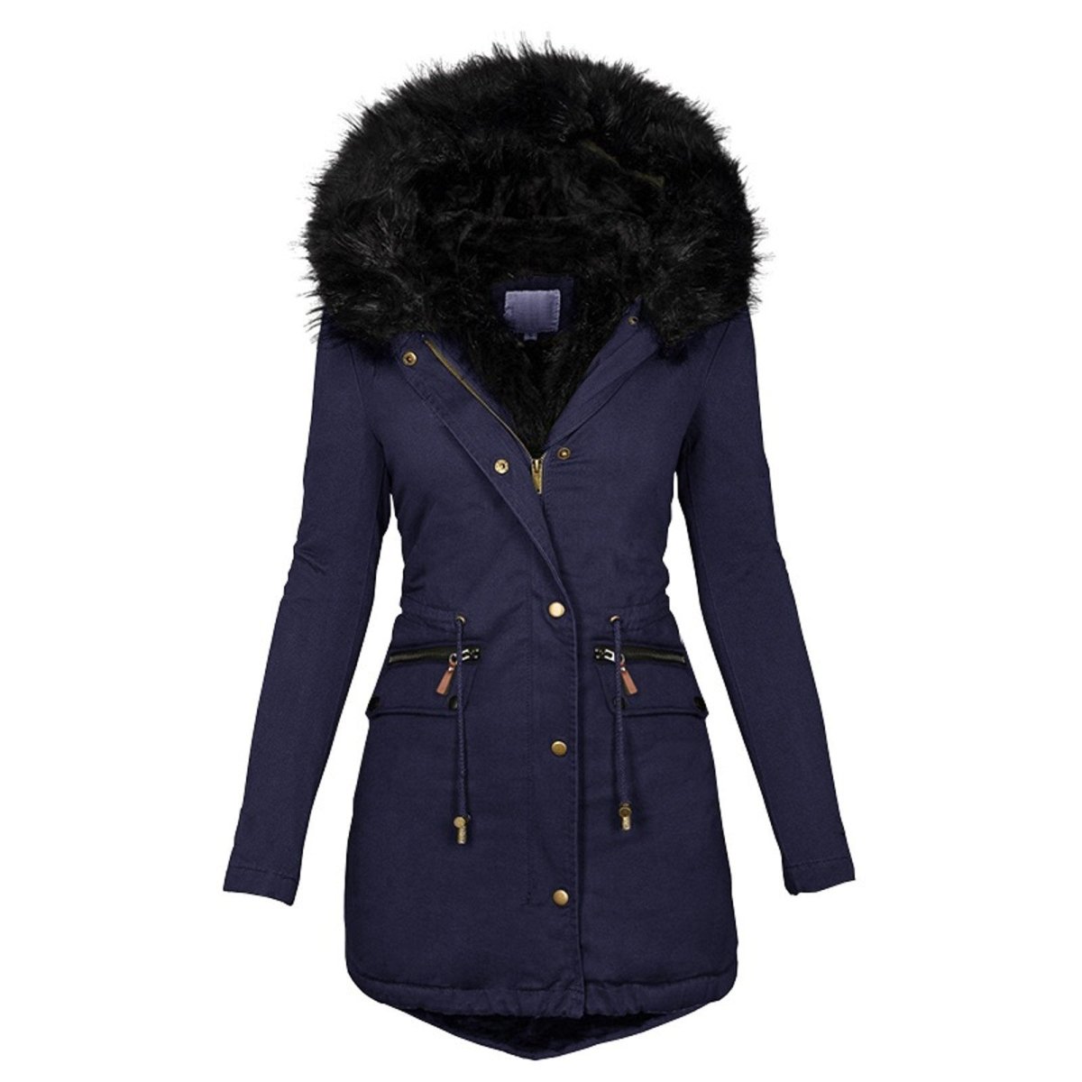 Women's Faux-Fur Trim Hooded Parka Drawstring Waist Zip-Up Padded Fitted Warm