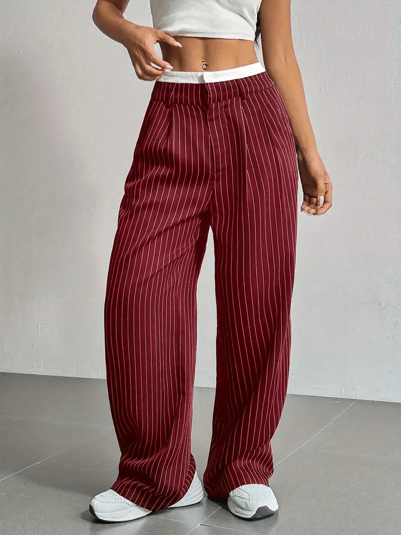 Women's Pinstripe Wide Leg Trousers High Waist Pleated Tailored Relaxed