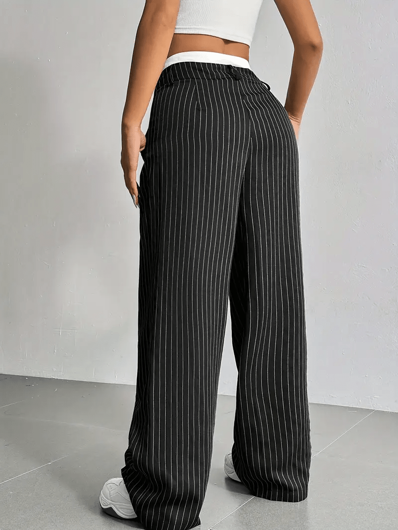 Women's Pinstripe Wide Leg Trousers High Waist Pleated Tailored Relaxed