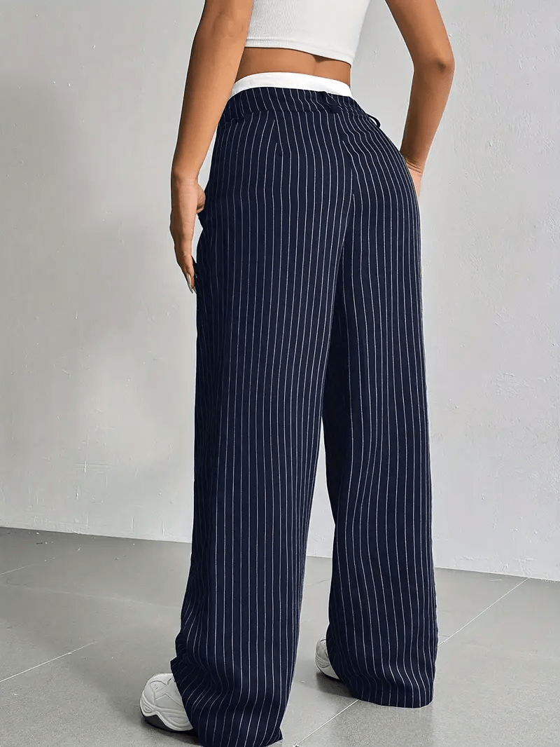 Women's Pinstripe Wide Leg Trousers High Waist Pleated Tailored Relaxed