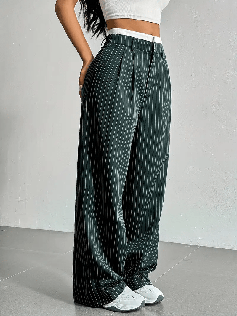 Women's Pinstripe Wide Leg Trousers High Waist Pleated Tailored Relaxed
