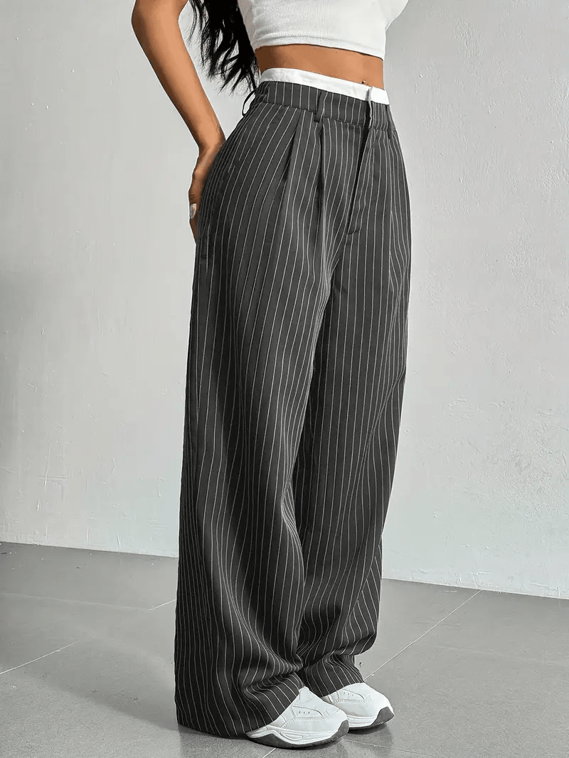Women's Pinstripe Wide Leg Trousers High Waist Pleated Tailored Relaxed