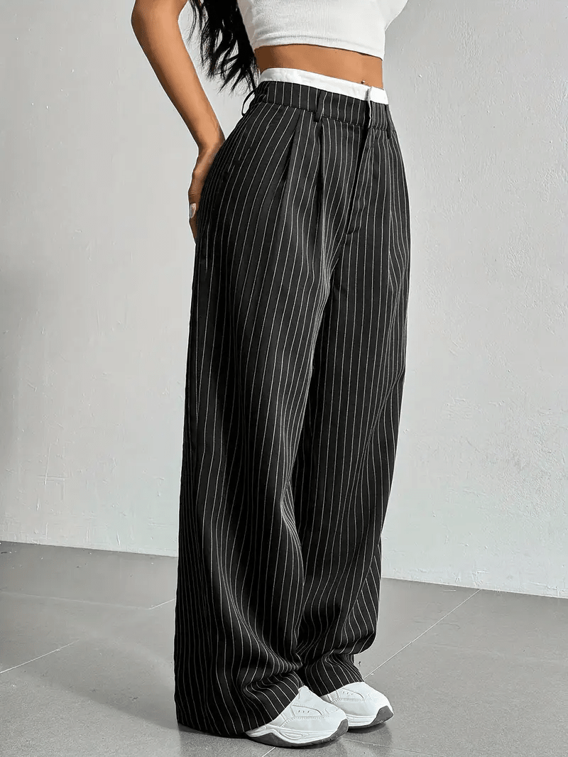 Women's Pinstripe Wide Leg Trousers High Waist Pleated Tailored Relaxed