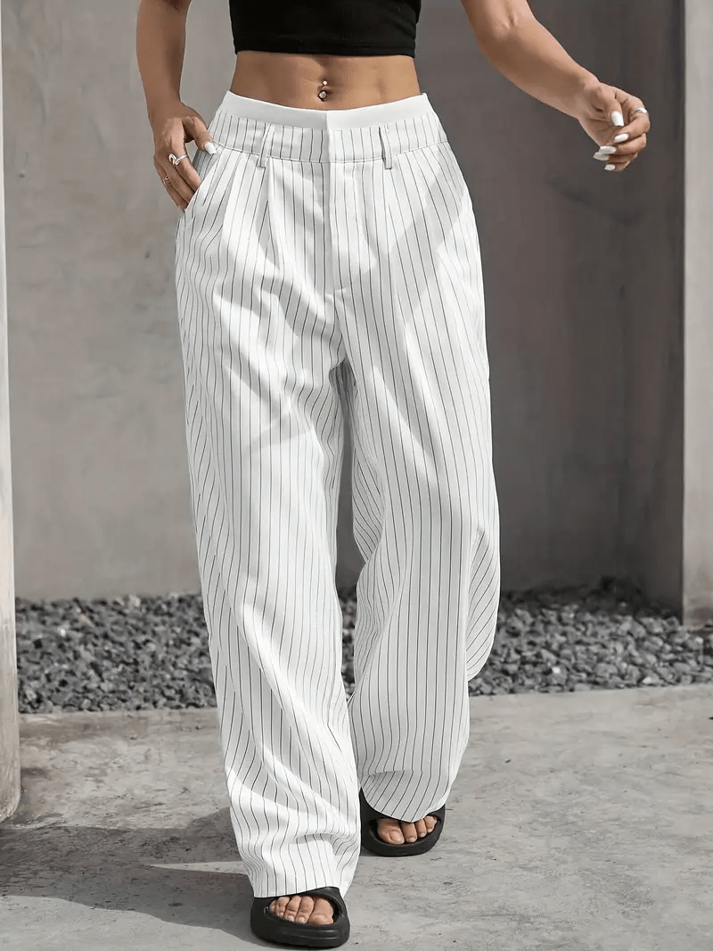 Women's Pinstripe Wide Leg Trousers High Waist Pleated Tailored Relaxed