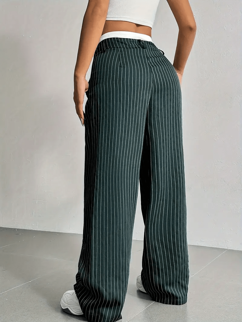 Women's Pinstripe Wide Leg Trousers High Waist Pleated Tailored Relaxed