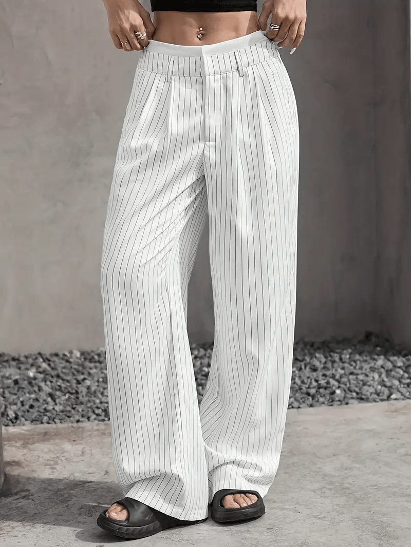 Women's Pinstripe Wide Leg Trousers High Waist Pleated Tailored Relaxed