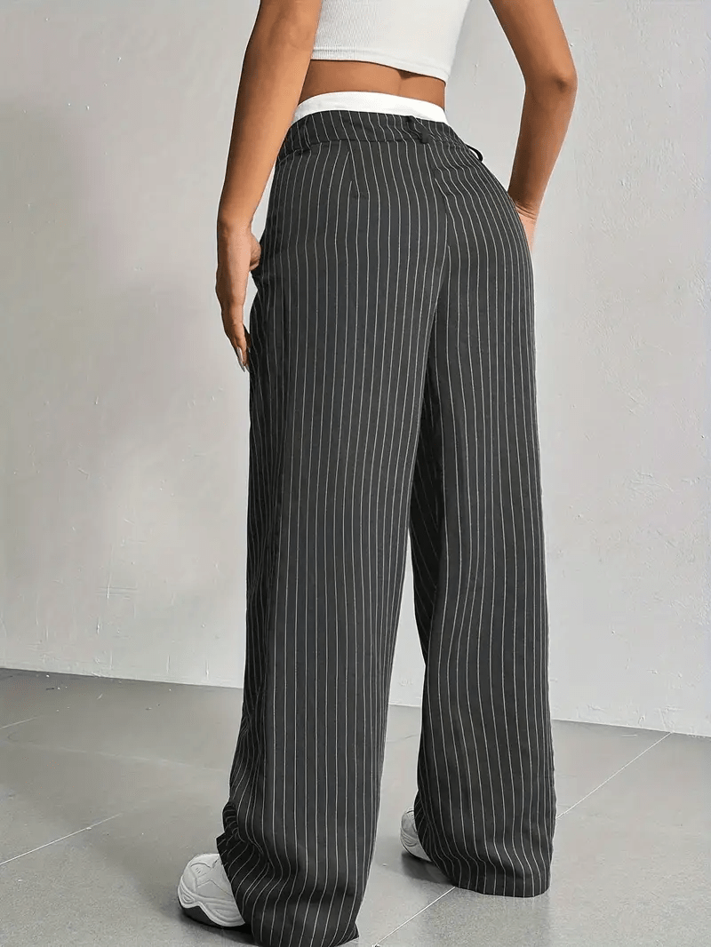 Women's Pinstripe Wide Leg Trousers High Waist Pleated Tailored Relaxed