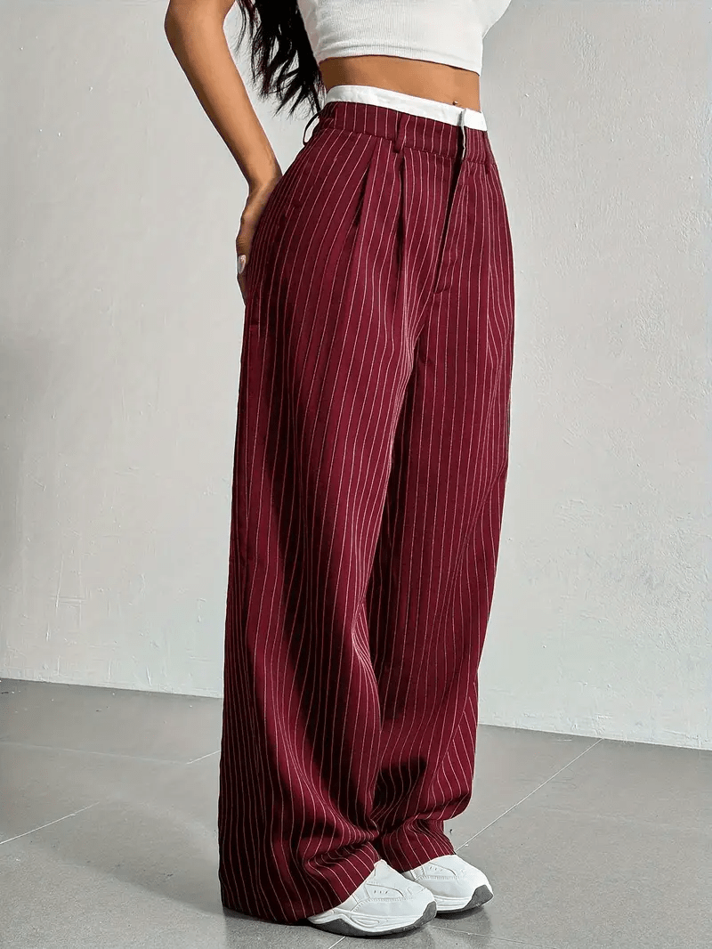 Women's Pinstripe Wide Leg Trousers High Waist Pleated Tailored Relaxed