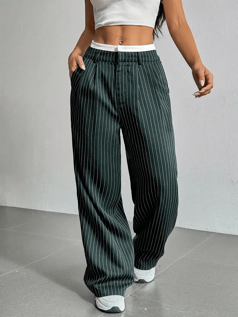 Women's Pinstripe Wide Leg Trousers High Waist Pleated Tailored Relaxed