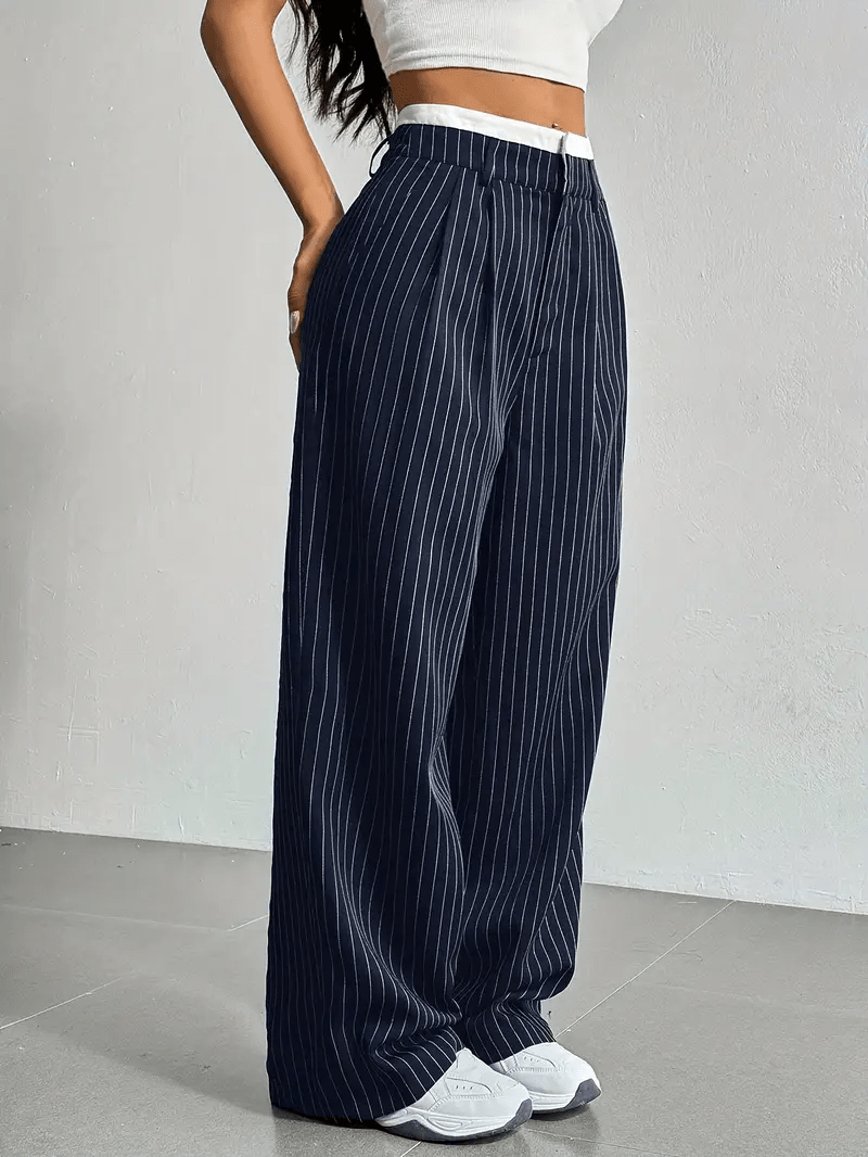 Women's Pinstripe Wide Leg Trousers High Waist Pleated Tailored Relaxed