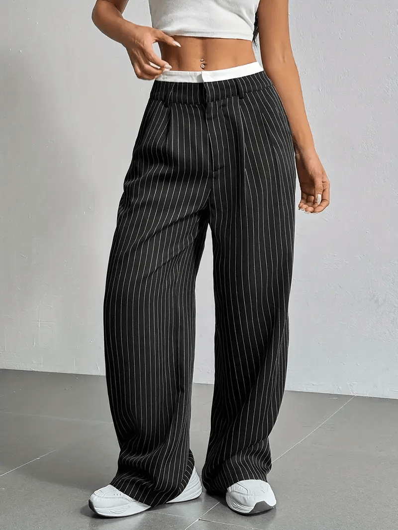 Women's Pinstripe Wide Leg Trousers High Waist Pleated Tailored Relaxed