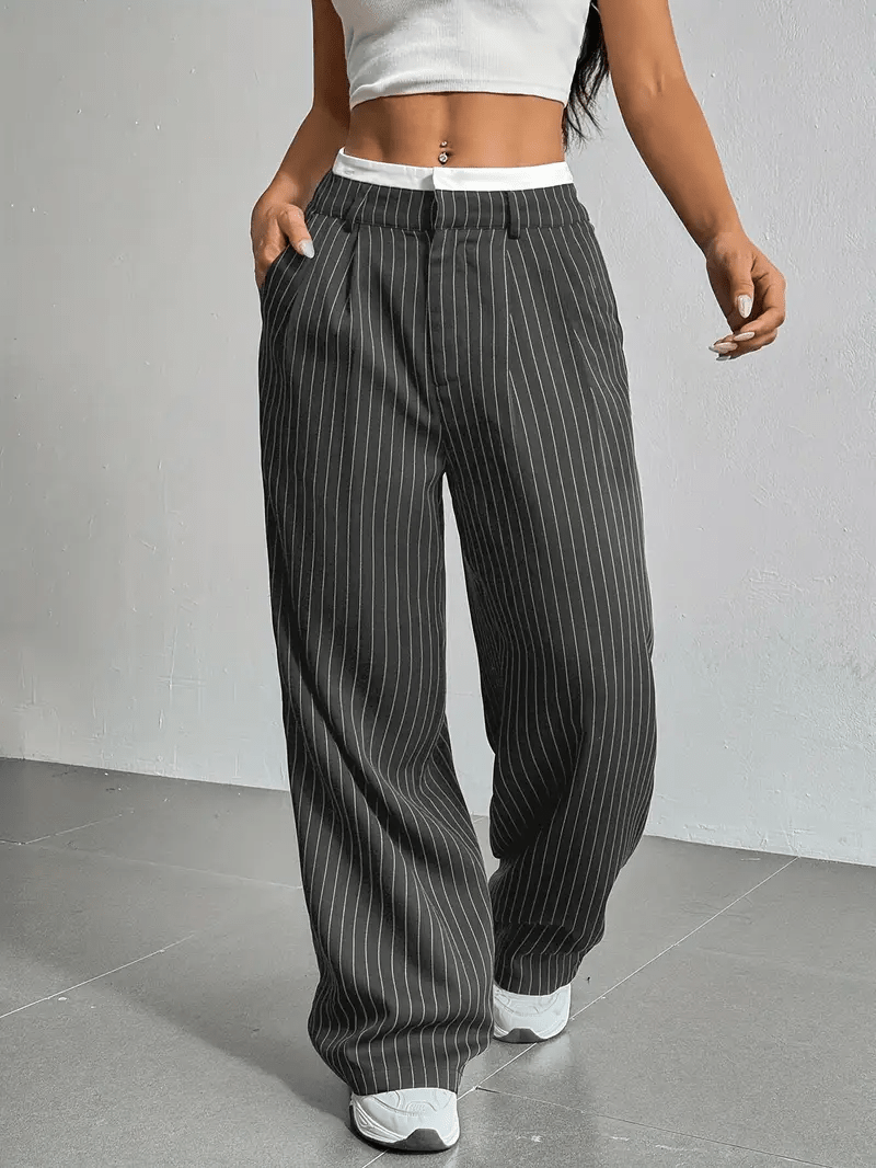 Women's Pinstripe Wide Leg Trousers High Waist Pleated Tailored Relaxed