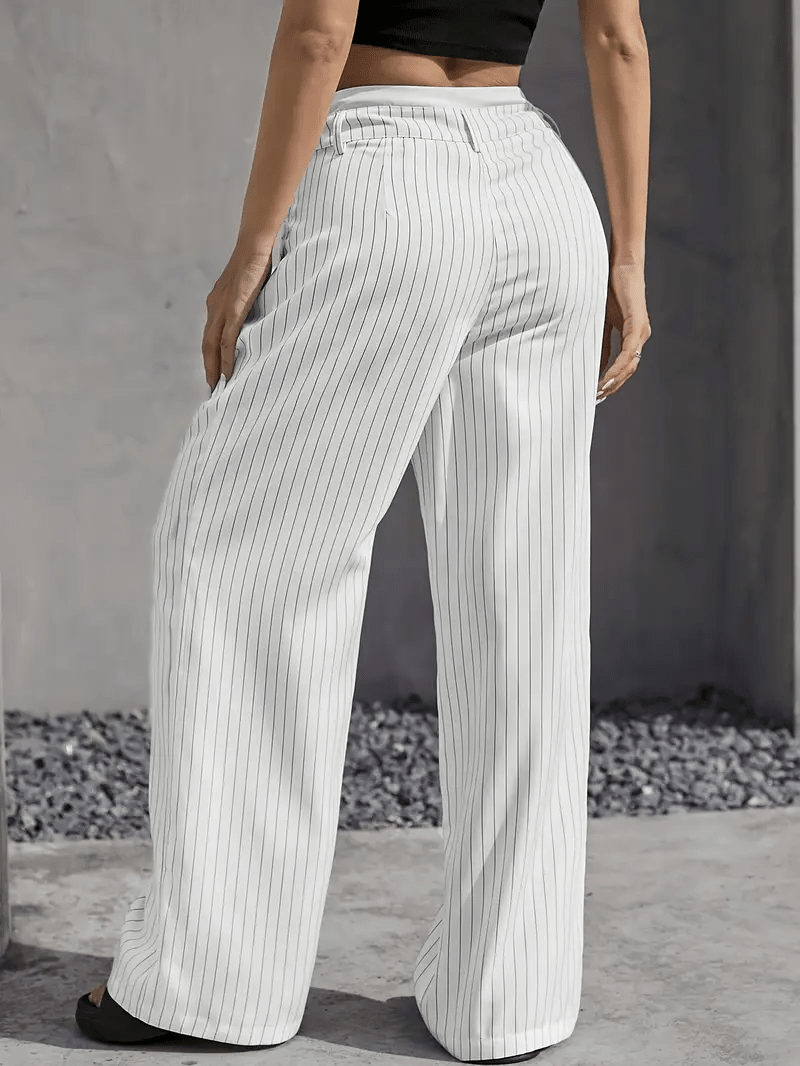 Women's Pinstripe Wide Leg Trousers High Waist Pleated Tailored Relaxed