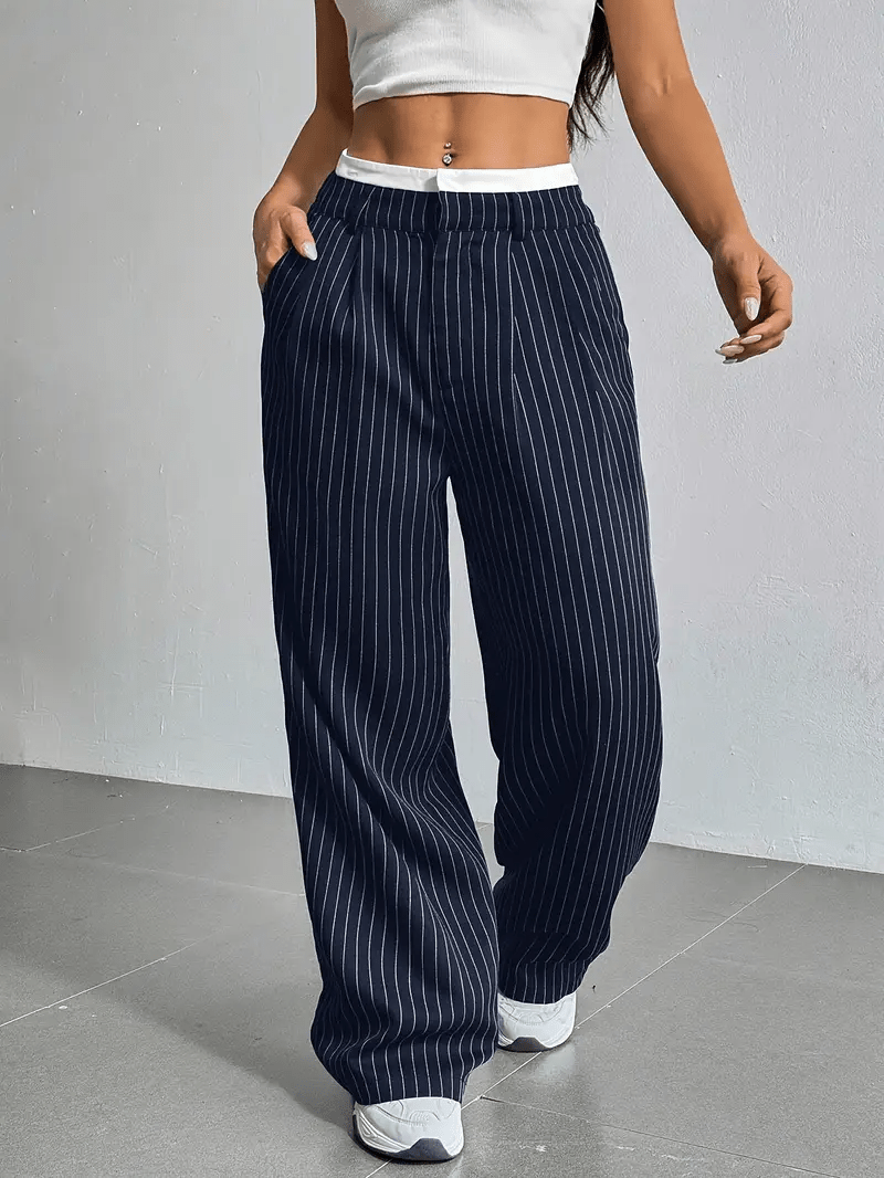 Women's Pinstripe Wide Leg Trousers High Waist Pleated Tailored Relaxed