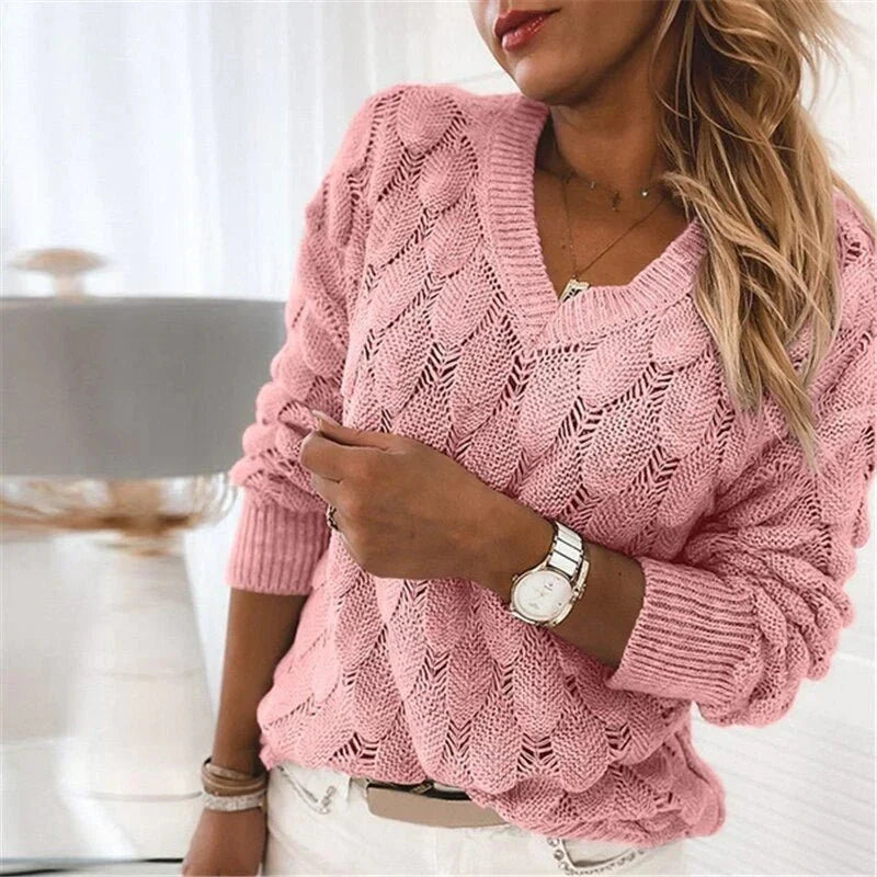 Women's Pointelle Knit Sweater V-Neck Feather Textured Scalloped Relaxed