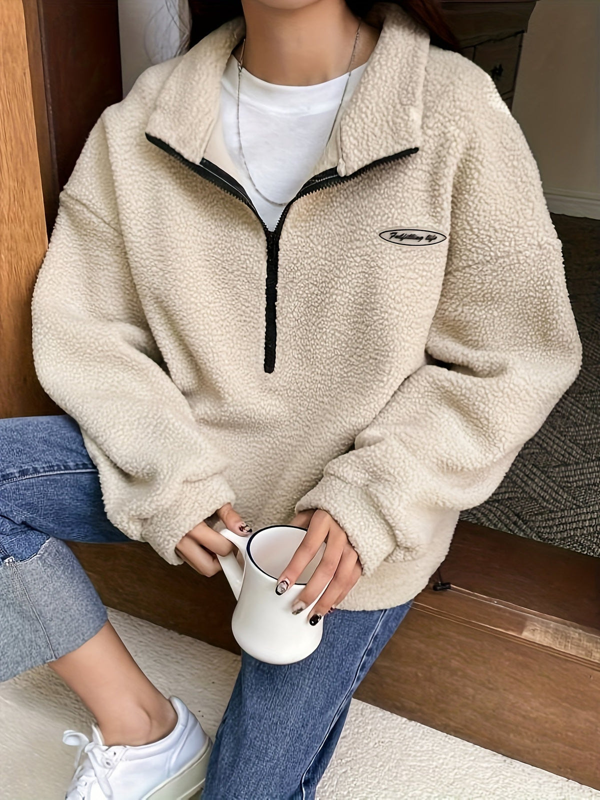 Women's Sherpa Fleece Quarter-Zip Pullover Stand Collar Oversized Contrast Zip