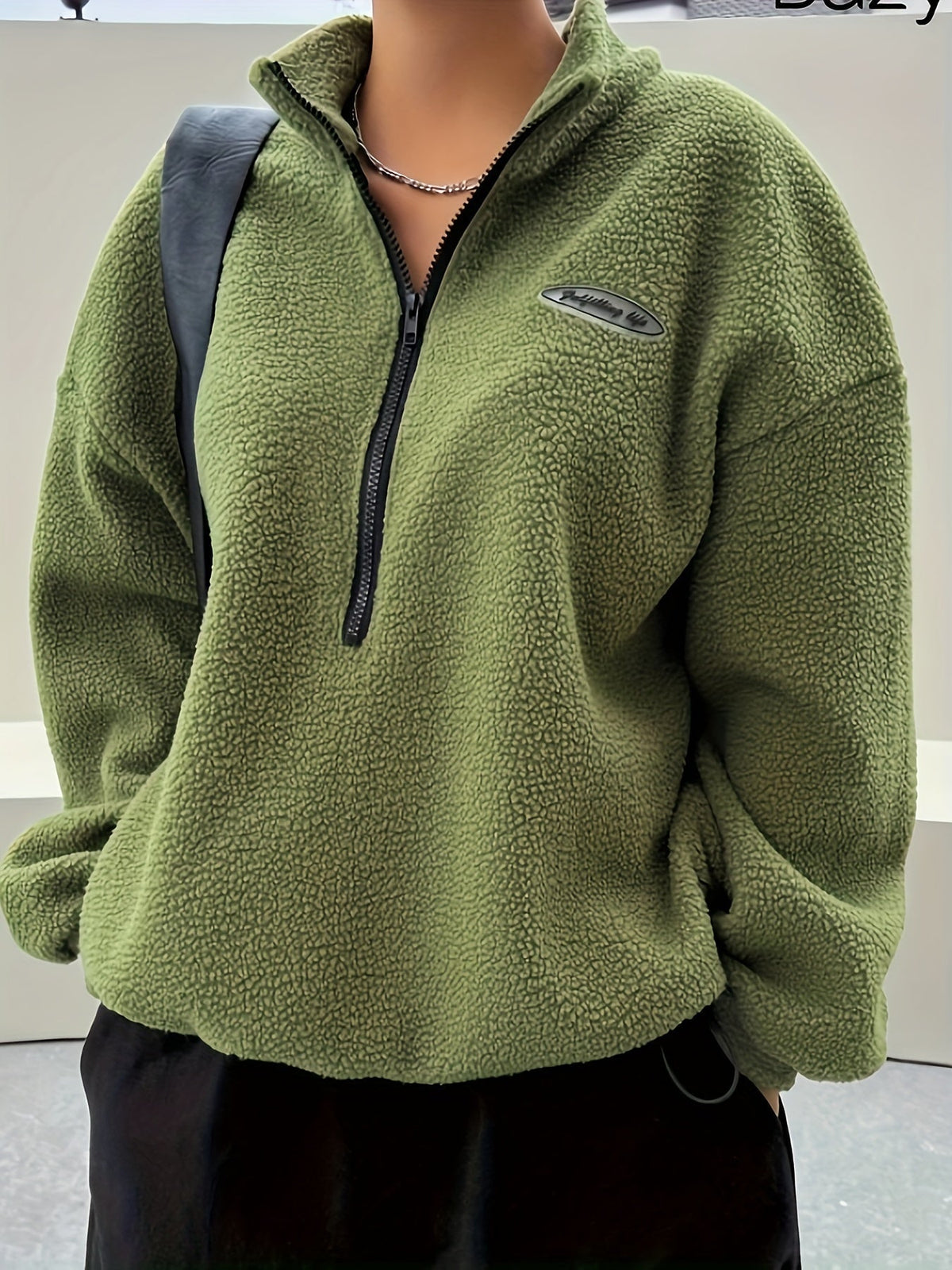 Women's Sherpa Fleece Quarter-Zip Pullover Stand Collar Oversized Contrast Zip
